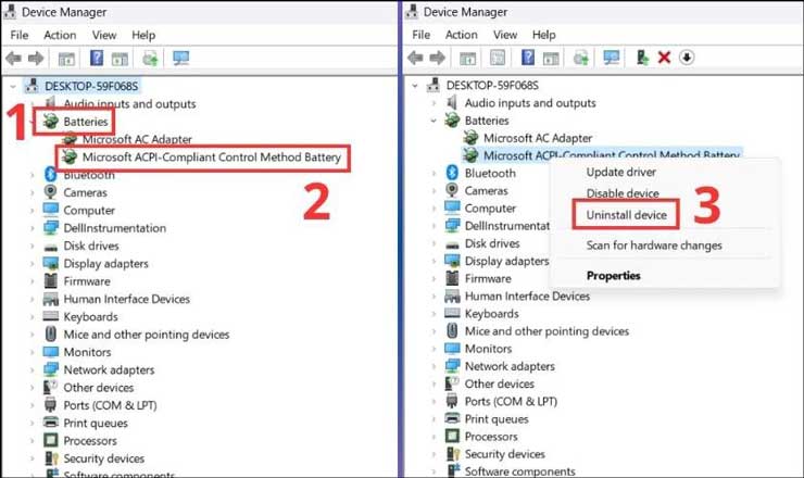 Gỡ và cài lại driver pin trong Device Manager