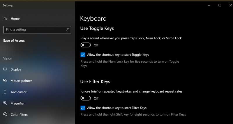 Tắt Filter Keys, Sticky Keys và kiểm tra cài đặt trợ năng